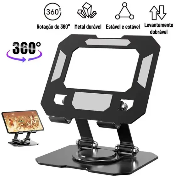 Suporte Para Celular e Tablet De Mesa Giratório 360° De Alumínio Ajustável