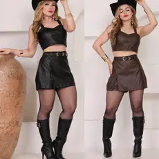 CONJUNTO COURO FEMININO VERSATIL E MINIMALISTA  EN CROPPET + SHORT SAIA