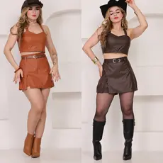 CONJUNTO EM COURO FEMININO  CROPPET + SHORT SAIA SUPER ELEGANTE LOOK MODERNO