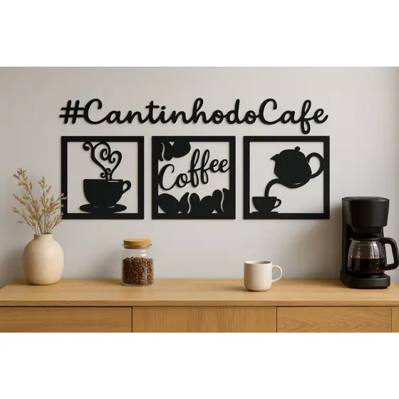 Placa Decorativa Cantinho do Café em MDF Preto ou Cru – Kit 4 Peças (50x25cm) Parede Cozinha Sala Cafeteria