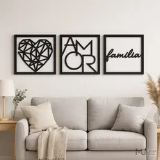 Kit 3 Quadros Decorativos MDF Preto ou Cru – Coração • Amor • Família