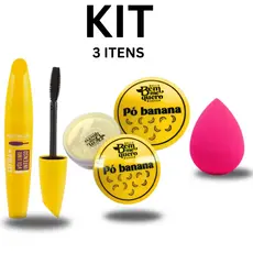 Kit Maquiagem Completo 3 Itens – Pó Banana bella bem me quero + Máscara Extremo Volume SAFIRA + Esponja Gota Blender