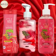 Kit Morango 3 Itens – Sabonete Íntimo + Gel Hidratante + Sabonete Líquido | Cheirinho de Morango, pH Balanceado, Frescor