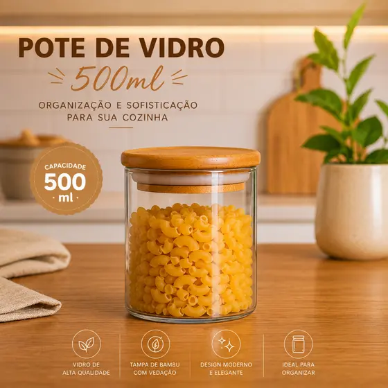 POTE DE VIDRO COM TAMPA DE BAMBU HERMÉTICA 500ML - IDEAL PARA ARMAZENAR ALIMENTOS .