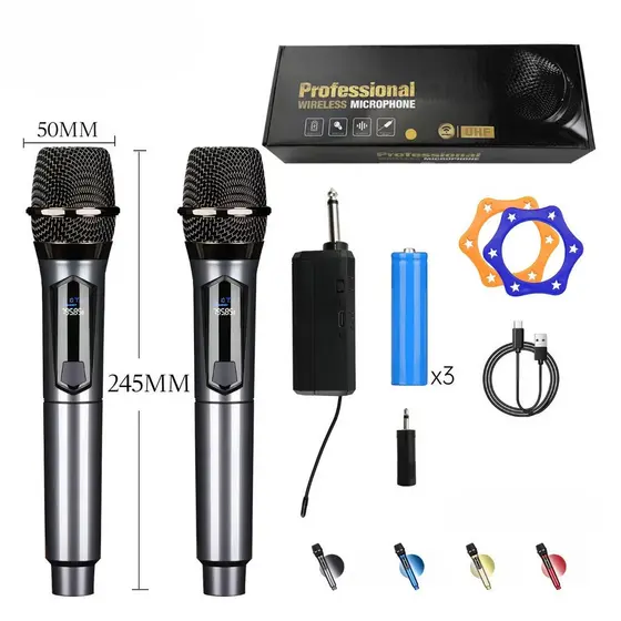 Microfone Sem Fio Profissional UHF conjunto com 2 Microfones + Receptor Recarregável  jehnny