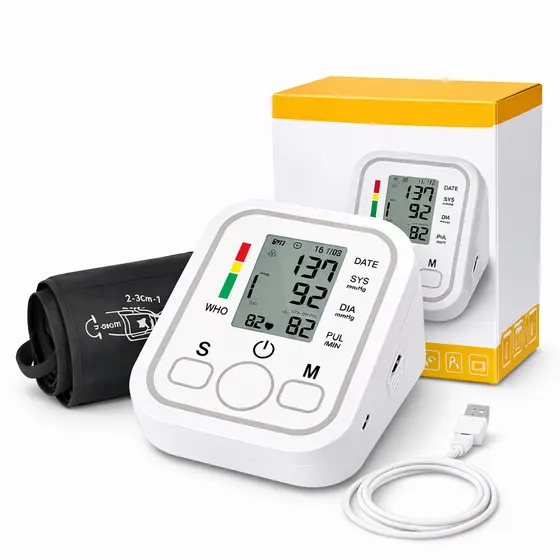 Medidor de Pressão Digital de Braço Automático Monitor Cardíaco LCD com USB