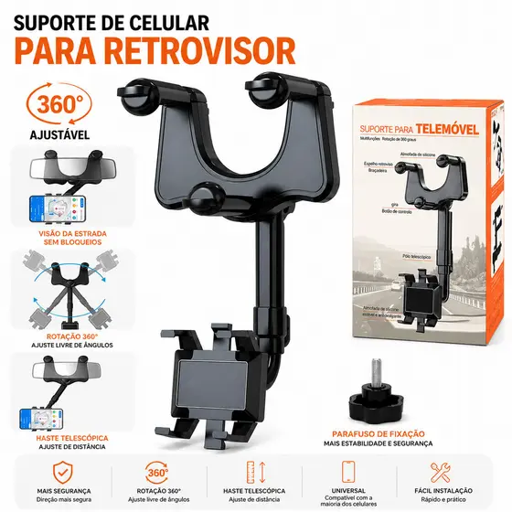 Suporte para Celular no Espelho Retrovisor do Carro com Ajuste Seguro e Rotação 360°