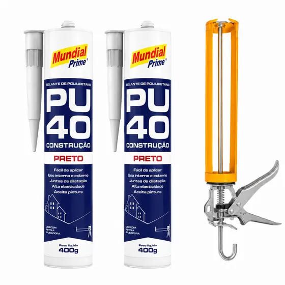 Kit 2 Selante PU40 Preto 400g + Pistola Aplicadora PU Poliuretano Vedação Construção Civil