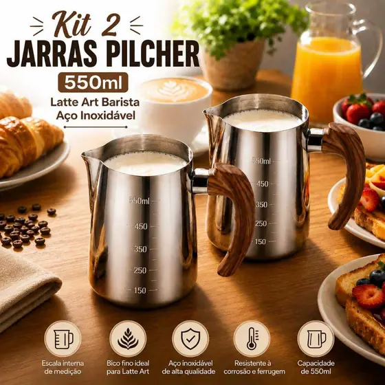 Kit 2 Jarra Pitcher Barista Leiteira Aço Inox Profissional Café Expresso 550ml cabo Madeira Bico Fino