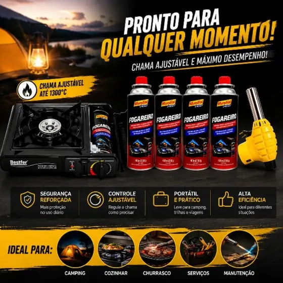 Kit Fogareiro Portátil Camping com Maçarico Maleta e 5 Refis Ideal para Viagem e Pesca