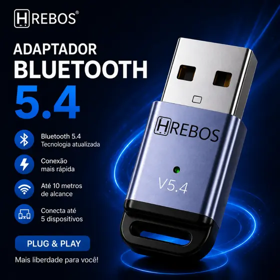 Adaptador Bluetooth USB 5.4 para PC Notebook Suporta 5 Dispositivos Simultâneos Alcance 10 metros