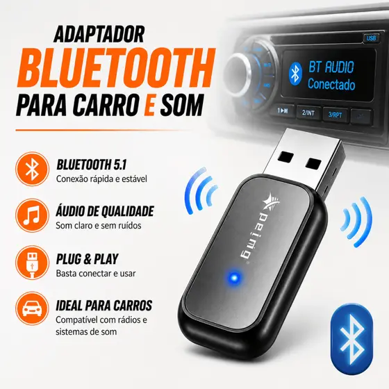 Adaptador Bluetooth USB para Carro Som Receptor USB Áudio Automotivo