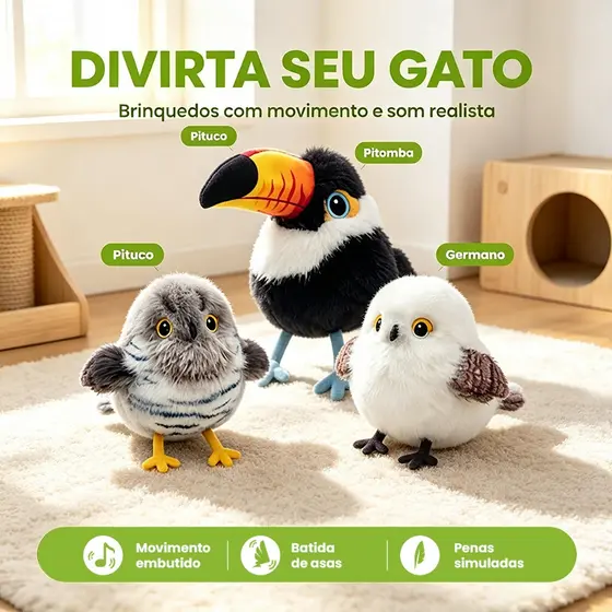 Newpet Brinquedo Interativo para Gatos Pássaro Realista com Sensor de Toque Bate Asas e Pia Recarregável USB