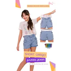 Short Jeans Infantil Menina Cargo Marmorizado Claro Juvenil Premium 08,10,12,14,16 anos