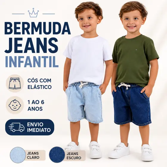 Bermuda Jeans Infantil Menino Bebê Short Masculino Cós Elástico Cordão Confortável 1 ao 6 Anos