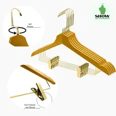 Kit 10 Cabides de Madeira Luxo – Presilha Dourada, Acabamento Elegante