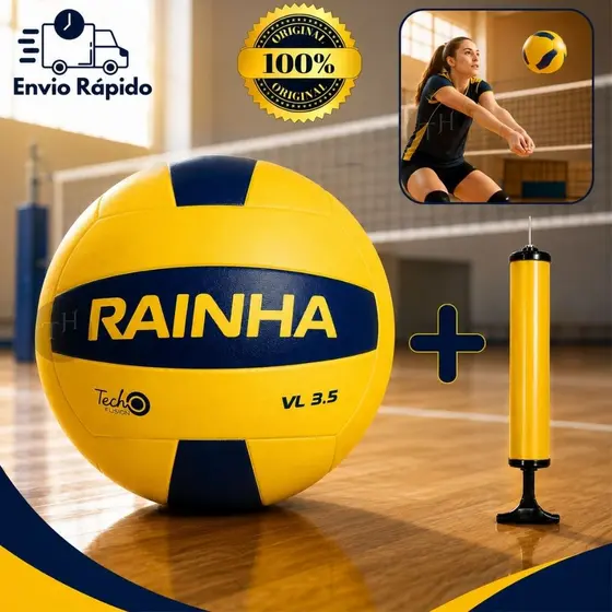 Bola De Vôlei 3.5 Rainha Original E Bomba De Ar Profissional Para Quadra Praia Amarela Branca