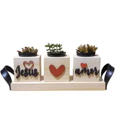Vasinhos Decorativos Em Madeira Kit Com 3 Vasinhos + Bandeja