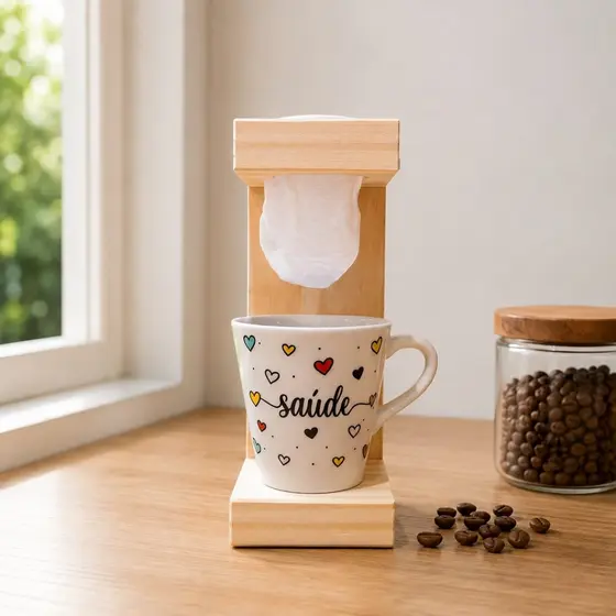 Coador de Café Individual em Madeira  C/ Xícara Porcelana