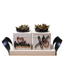 Vasinhos Decorativos em Madeira Pinus Kit com 2 vasinhos mais Bandeja com alça