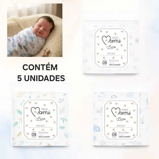 Kit 5 Unidades Fralda 70x70cm Estampada Alta Qualidade, Sem Bainha, Confortável