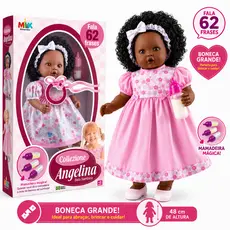 Boneca Negra Angelina Fala 62 Frases + Mamadeira Mágica Brinquedo Menina Milk