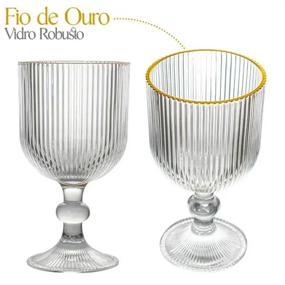 Jogo de 6 Taças de Vidro Cameratta com Borda Dourada 390ml - L'Hermitage