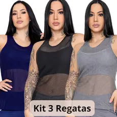 Kit 3 Regata Feminina Tela Transparente Fitness Academia Estilosa Leve Ideal Para Sobreposição