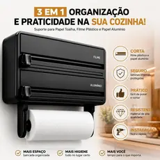 Suporte Papel Toalha Porta Filme Plástico Papel Alumínio Organizador Cozinha Parede 3 Em 1