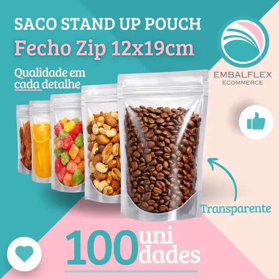 Embalagem Standup Pouch C/ 100 unidades Com Zip 12cmx19cm