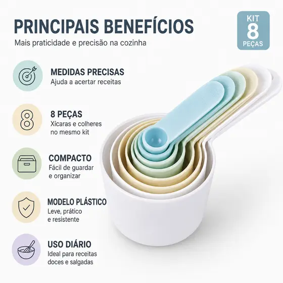 Medidor de Cozinha Inox Xicara colher Kit 8 Peças Confeitaria