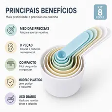 Medidor de Cozinha Inox Xicara colher Kit 8 Peças Confeitaria