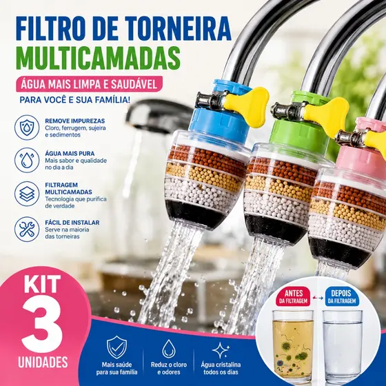 Filtro Purificador De Agua Para Torneira Bico Carvão Ativado 3 Em 1