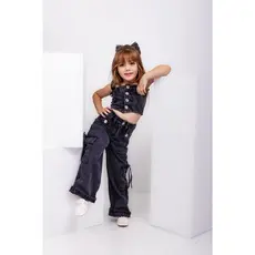 Conjunto Malu Jeans Calça Cargo Grafite e Cropped Infantil Menina Moda Estilo Casual Trendy