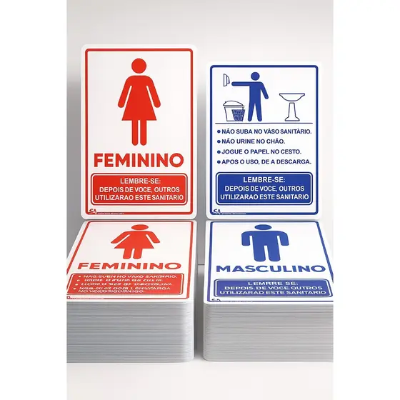 Kits com 4 placas Banheiro masculino e feminino com regras masculino e feminino em PS 1 mm espessura MAG PLACAS .