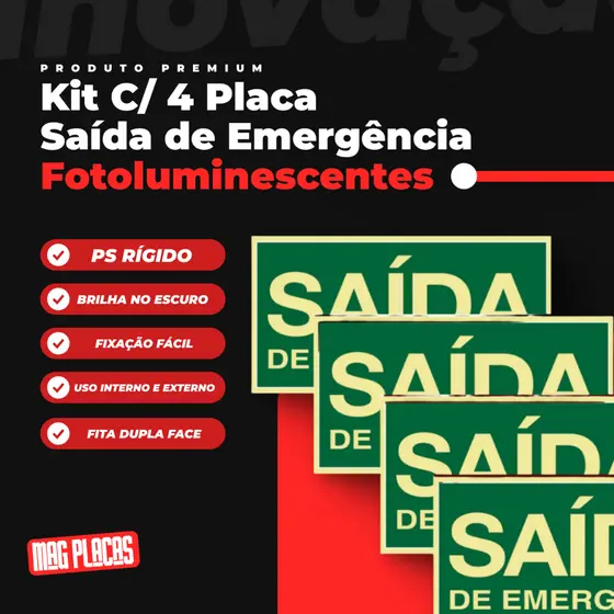Kit C/ 4 Placa De Sinalização Fotoluminescentes Saída Emergencia