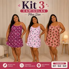 Kit 3 e 2 Camisola Plus Size Microfibra Feminina Estampada Leve e Confortável para Dormir Pijama