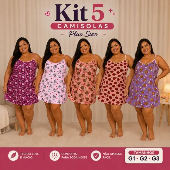 Kit 5 Camisola Plus Size Microfibra Feminina Estampada Leve e Confortável para Dormir Pijama
