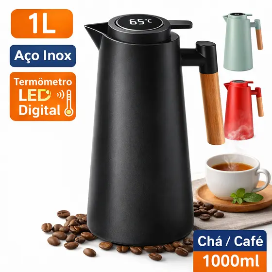 Garrafa Térmica 1L 1000ml com Termômetro LED Digital Aço Inox para Chá Café Garrafa Térmica Moderna