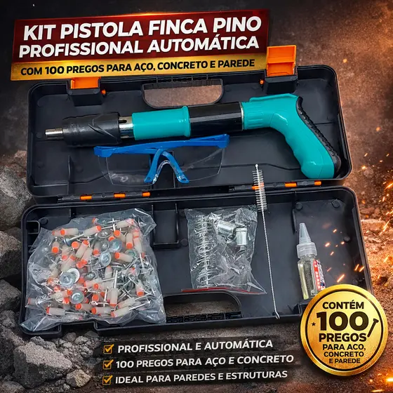 Kit Pistola Finca Pino Profissional Automática Com 100 Pregos Para Aço Concreto E Parede