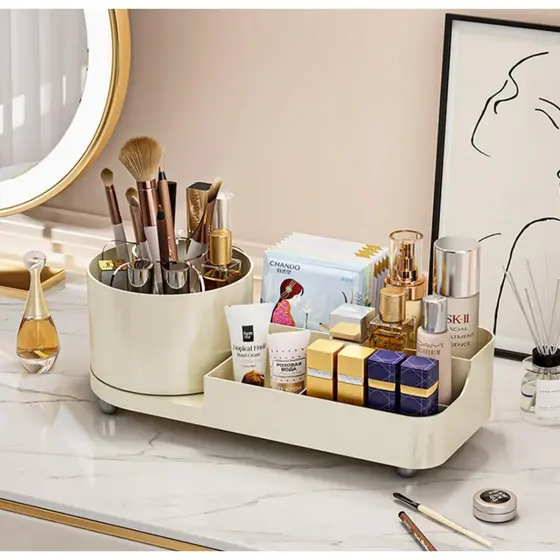 Organizador Giratório Multiuso para Maquiagem e Cosméticos Off White