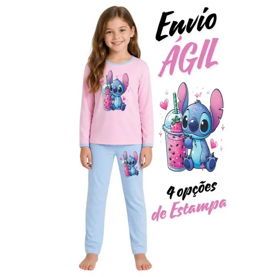 Pijama infantil Feminino Lilo Stitch Manga Longa Frio Estampado Personagem Barato Frio Inverno LINDO