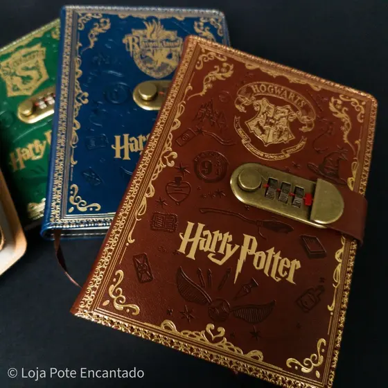 Diário Harry Potter Couro Decorado com Senha Caderno Papelaria Hogwarts Sonserina Grifinoria Lufa Lufa Cornival