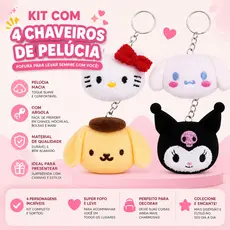 Kit 4 Chaveiros de Pelúcia Kuromi, Hello Kitty, Pompompurin e Cinnamoroll