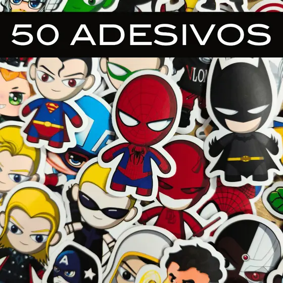 50 Adesivos Heróis Vinil Impermeável Stickers para Notebook Garrafa Caderno Sem Repetição