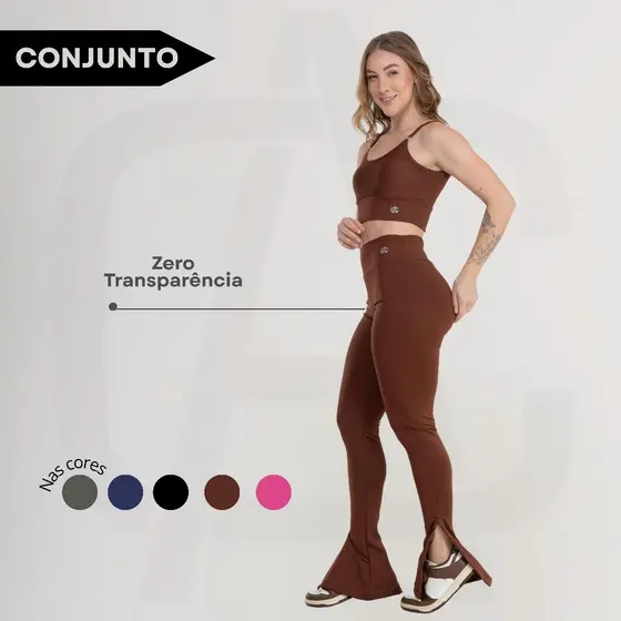 Conjunto Calça Flare Abertura na Barra Fitness + Top Cropped Decote nas Costas Zero Transparência Conforto