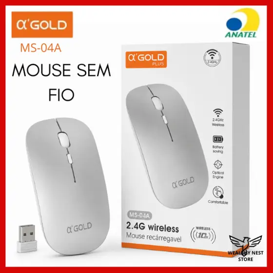 Mouse Sem Fio Recarregável 2.4GHz 1600 DPI com Nano Receptor USB Interno – Compatível Com iOS, Android e Windows