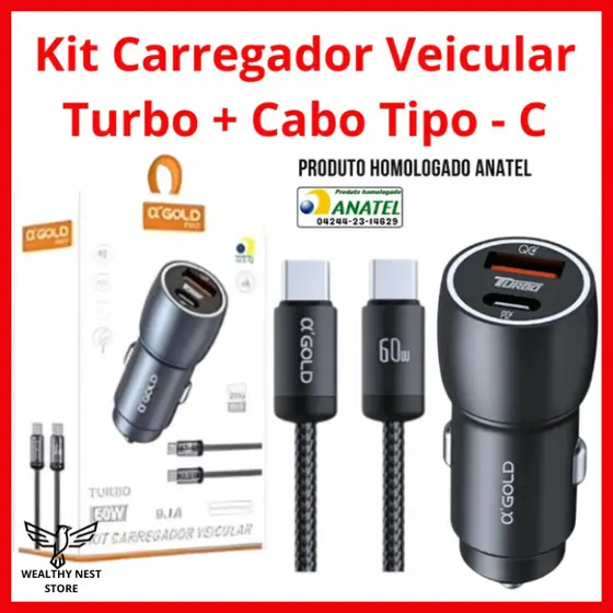 Kit Carregador Veícular Turbo 60W Com Entrada PD + USB-C Cabo Tipo-C/Tipo-C Para Android e iPhone