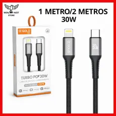 Cabo Carregador Entrada Tipo-C +Lightning Carregamento Turbo 30W 1M/2M A'GOLD