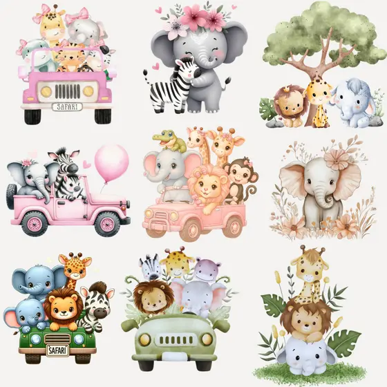9 Bichinhos Personagem SafariTermocolante Aplique Estampado para Tecido Personalizar e Estampar Roupas com ferro